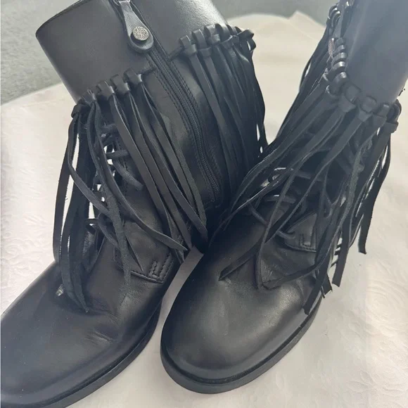 Fabianelli Italian Made Leather Black Fringe Ankle Booties with Buckle Accents - Picture 2 of 13
